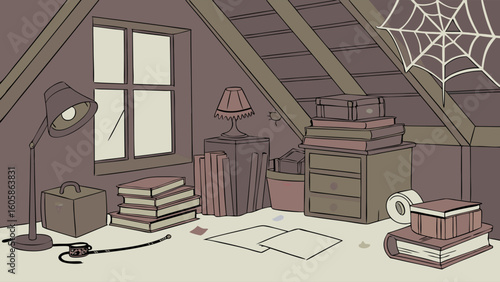Vintage Attic Room Illustration with Cluttered Books, Furniture, and Spiderweb - Dusty Storage Space