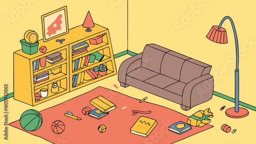 Messy Living Room Interior with Scattered Toys, Books, and Clutter on the Floor