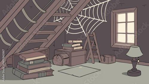 Dusty Attic Storage Room Illustration with Old Books, Wooden Stairs, Spiderwebs, and Vintage Lamp