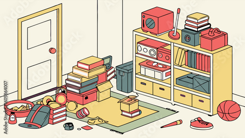 Cluttered Room Isometric Illustration with Books, Electronics, and Scattered Personal Items