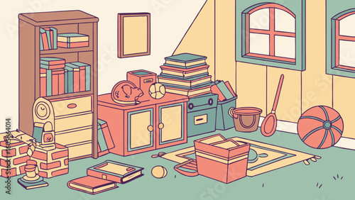 Pastel Illustrated Cluttered Storage Room with Books, Boxes, and Vintage Items