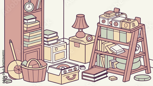 Cluttered Home Storage Illustration: Disorganized Room with Books, Boxes, and Household Items in Line Art Style
