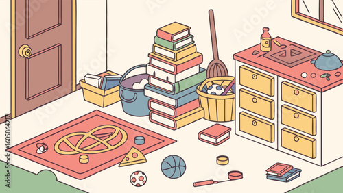 Messy Room Interior with Stacked Books, Toys, and Household Clutter