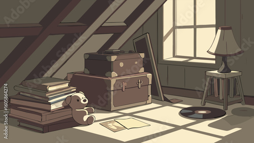 Nostalgic Attic Room Bathed in Sunlight with Vintage Suitcases, Old Books, Teddy Bear, and Vinyl Record
