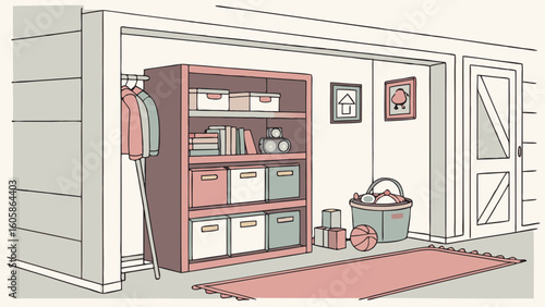 Organized Garage Interior with Storage Shelves, Household Items, and Laundry Basket