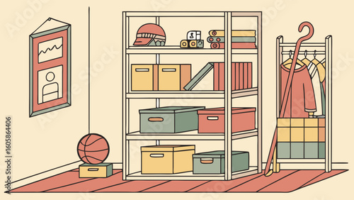 Organized Home Storage Illustration with Shelves, Boxes, Toys, and Everyday Items