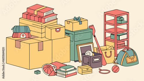 Isometric illustration of packed household items and moving boxes for relocation or storage