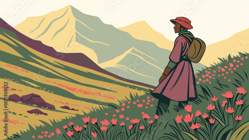Solo Traveler Amidst Blooming Wildflowers on a Mountain Slope, Overlooking Serene Peaks