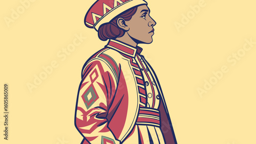 Stylized illustration of a person in vibrant traditional ethnic costume. Cultural heritage and historical attire concept.