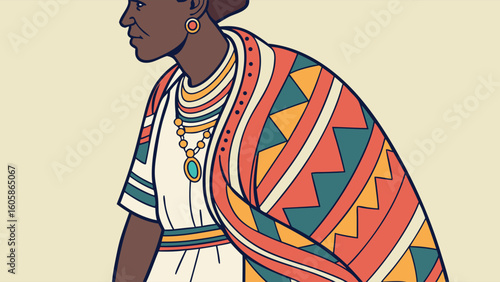 Cultural illustration of a senior woman wearing a vibrant patterned shawl and traditional jewelry.