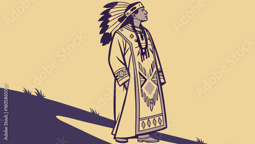 Indigenous Man in Traditional Headdress and Robe Illustration