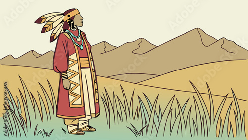 Indigenous Person in Traditional Attire in a Mountain Landscape