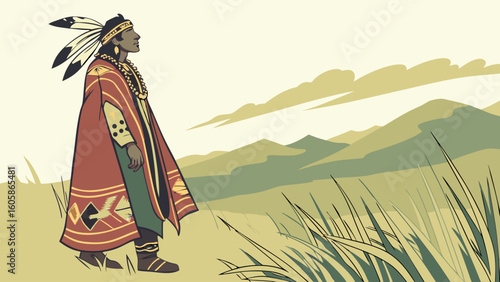 Indigenous Figure in Traditional Attire and Headdress Standing in Grassy Landscape with Hills