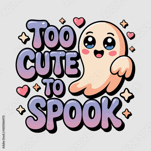 Too cute to spook card with blushing ghost, pink hearts, playful Halloween, printable sticker, kawaii style