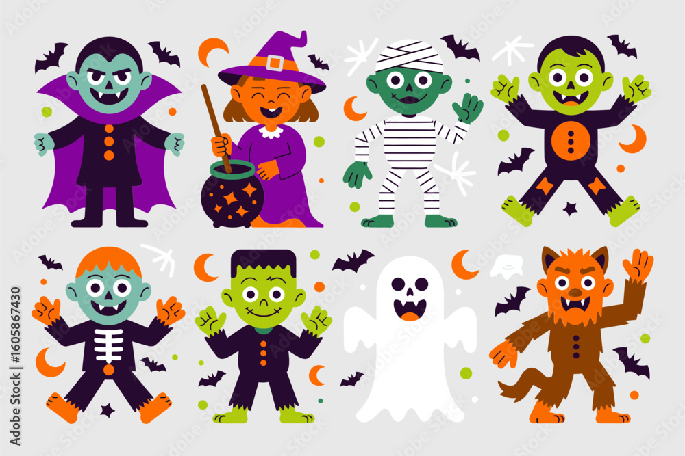 Obraz premium Cute Halloween monster set with vampire, witch, mummy, skeleton, pumpkin, ghost, Frankenstein, werewolf, bat
