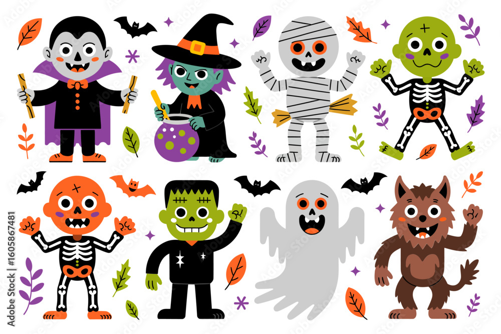 Obraz premium Halloween character collection with vampire, witch, mummy, Frankenstein, pumpkin, ghost, werewolf, skeleton, bat