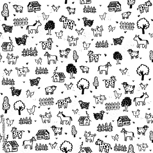 Seamless Farm Animal Repeating Pattern – Black and White Doodle Style