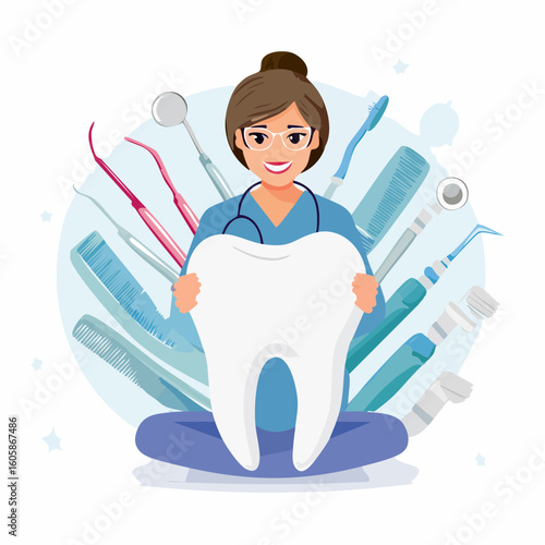 Smiling Dentist Illustration Holding a Giant Tooth Surrounded by Dental Instruments