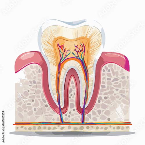 Detailed Tooth Anatomy Illustration Cross-Sectional View of Enamel, Dentin & Pulp
