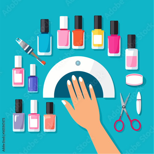 Flat lay illustration of a manicure process with nail polish bottles, tools, and a UV lamp, set against a vibrant teal background, creating a stylish and modern aesthetic.