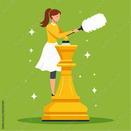 Woman using a duster to clean a large golden chess queen piece on a green background, depicting strategy, cleaning, perfectionism, and achieving goals.