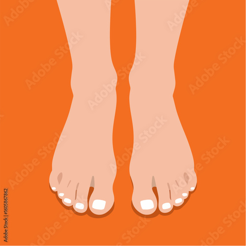 Illustration of a pair of feet with polished white nails against an orange backdrop, perfect for beauty, fashion, or podiatry-related design concepts.