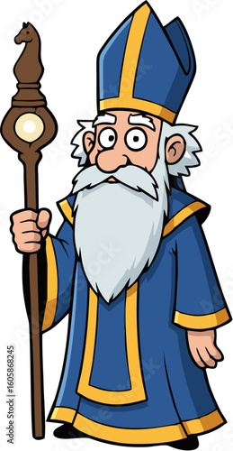 Cartoon illustration of a bishop figure holding a staff, looking forward with a smile.