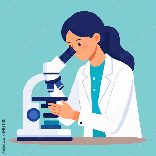 Illustration of a female scientist in a lab coat looking through a microscope, conducting research.