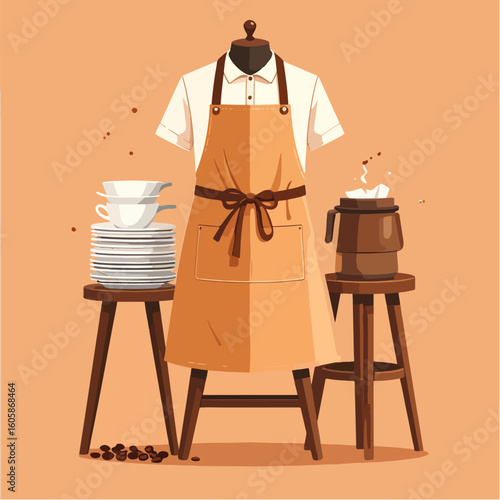 Illustrated coffee shop scene featuring an apron-clad mannequin, coffee pot, coffee beans, and a stack of cups & plates, creating a cozy and welcoming atmosphere.