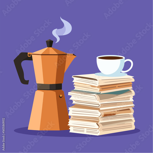 A Moka pot steaming beside a stack of books topped with a coffee cup against a purple background evokes a sense of cozy study or a relaxing break time.