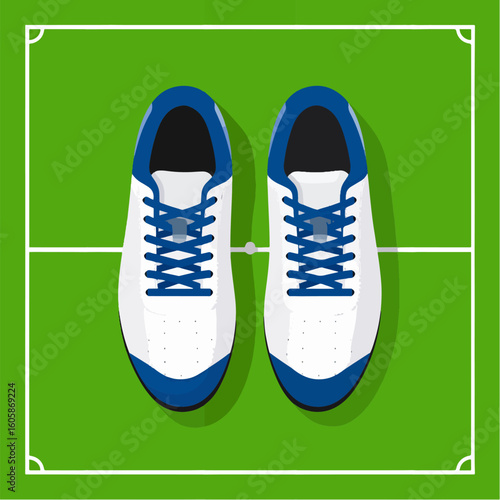 Vector illustration featuring a pair of white and blue soccer cleats displayed on a vibrant green soccer field, creating a sports-themed background for various applications.