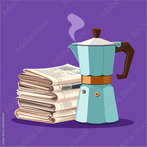 Stylized illustration featuring a turquoise moka pot steaming beside a stack of newspapers, set against a vibrant purple backdrop, evoking a morning routine atmosphere.