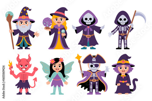 Halloween character collection with wizard, reaper, devil, witch, girl, skeleton, playful costume set, vector