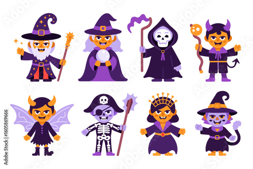 Halloween kids costume set with bat, skeleton, wizard, devil, witch, playful character collection, vector illustration