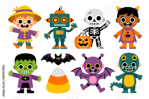 Halloween costume group with witch, robot, skeleton, pumpkin, bat, frankenstein, dinosaur, playful character set