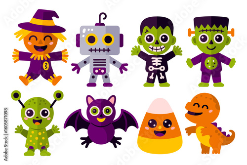 Halloween monster set with witch, robot, frankenstein, skeleton, bat, pumpkin, dinosaur, candy corn, cute style