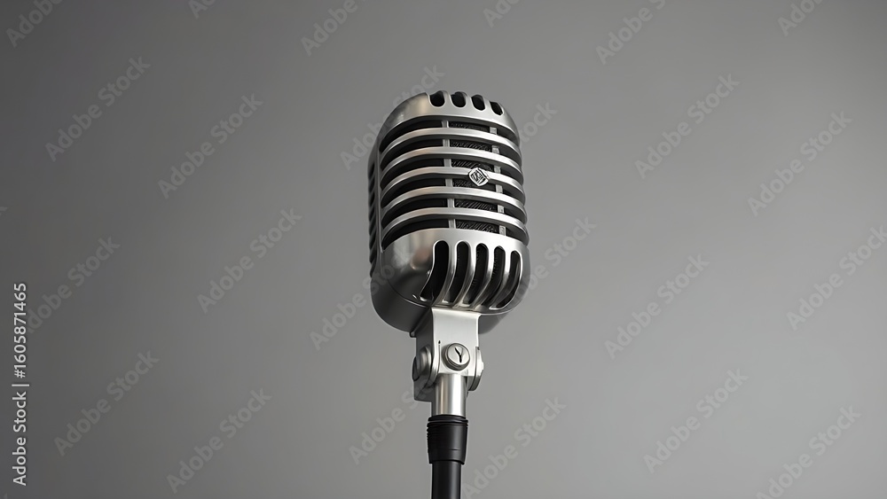 Fototapeta premium Vintage Microphone on Light Grey Background with Metallic Details