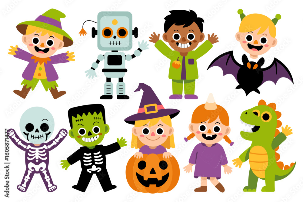Obraz premium Halloween kids group with witch, frankenstein, pumpkin, skeleton, bat, dinosaur, robot, playful character collection