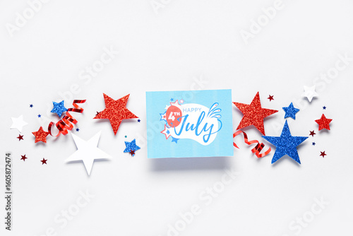 Greeting card for Independence Day with paper stars and confetti in colors of USA flag on white background