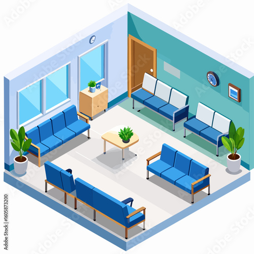 Isometric illustration of a waiting room with blue sofas, a coffee table, plants, and a cabinet.