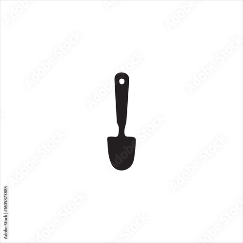 Black silhouette of a garden hand trowel with a hole in the handle garden tool gardening