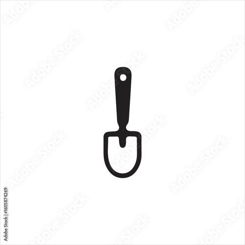 Black silhouette of a garden trowel with a hole in the handle on a white background garden tool shovel