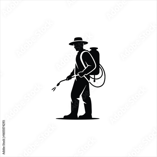 Black silhouette of a person in a hat spraying with a backpack sprayer gardening