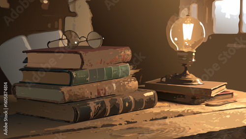 Vintage books with glasses and antique lamp reading study room education knowledge literature still life