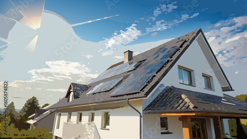 Solar panel installation on house roof for renewable energy and sustainable living in residential area