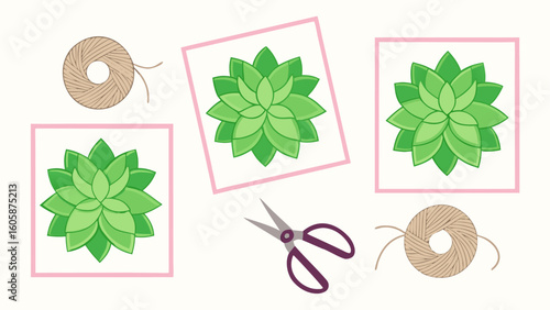 Flat lay of assorted succulent cuttings on pastel paper sheets paired with pruning shears and twine.