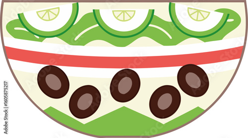 Flat style vector Deconstructed Greek salad in jar separated by layers olives feta lettuce cucumbers abstract wavy dividers modern vector art.