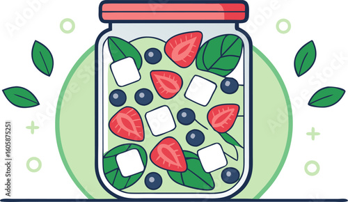 Flat style vector summer fruit salad jar with mixed greens strawberries blueberries feta cheese mint leaves watercolour vector style.