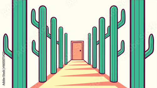 Wide shot down a greenhouse aisle lined with towering columnar cacti leading the eye to glowing exit doors.