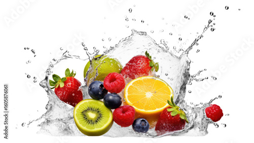 PNG Water splash fruit strawberry blueberry.